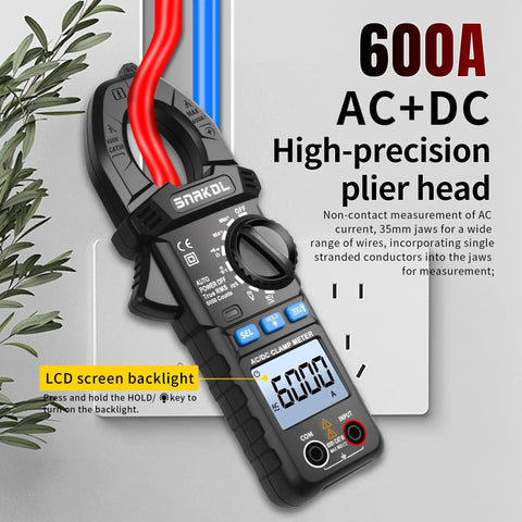 All In One Clamp Meter For AC And DC Voltage And Current, 600A Range, 6000 Counts, LCD screen backlight, 35mm Jaws, detail view