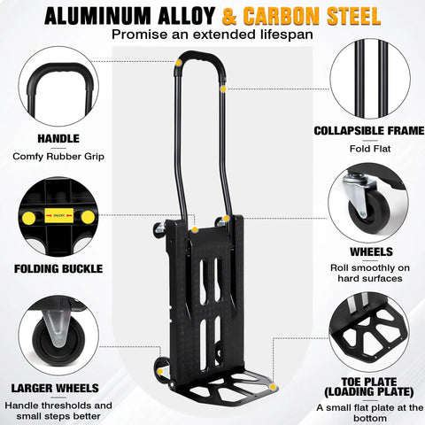 Heavy Duty Folding Hand Truck With Four Wheel Mode And Two In One Collapsible Push Cart And Fold Up Toe Plate For 300lbs Hauling