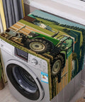 Farmhouse Style Top Load Washer And Dryer Cover With Storage Pockets, Dustproof Linen Cotton Blend Protector Mat Displayed on Appliance
