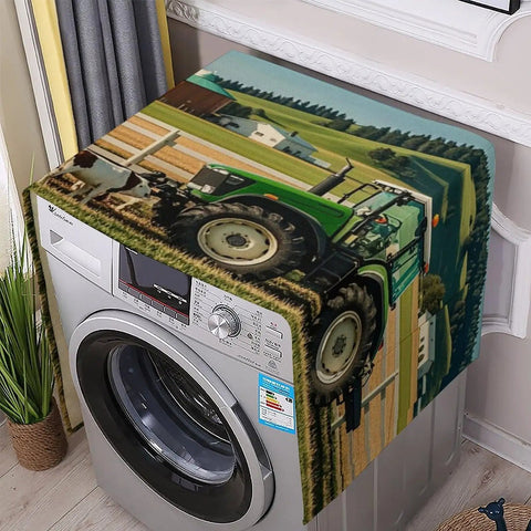 Farmhouse Style Top Load Washer And Dryer Cover With Storage Pockets, Dustproof Linen Cotton Blend Protector Mat Displayed on Appliance
