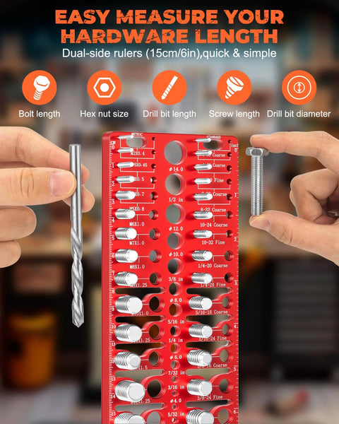 57-piece nut and bolt thread checker on red wall-mount gauge with standard and metric gauges plus drill-bit gauges