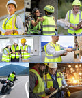 Heavy Duty Hi Vis Reflective Safety Vest In Bright Neon Green With Spacious Pockets Lightweight Mesh Workwear For Contractors And Road Crews Hella Visible And Built Different For Long Shifts worn by diverse workers in various settings.