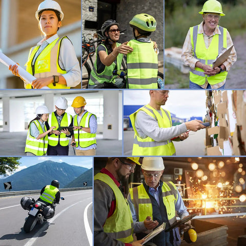 Heavy Duty Hi Vis Reflective Safety Vest In Bright Neon Green With Spacious Pockets Lightweight Mesh Workwear For Contractors And Road Crews Hella Visible And Built Different For Long Shifts worn by diverse workers in various settings.