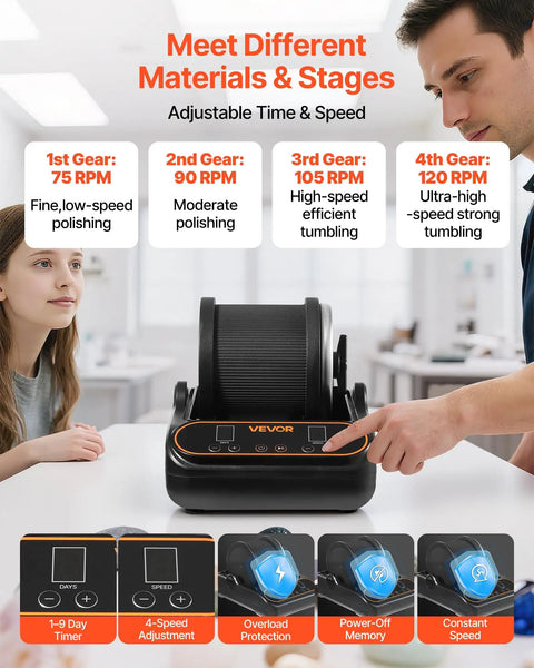 Rock Tumbler Kit With 2 Lb Capacity And 4 Speed Settings 1 To 9 Day Timer TPU Drum shown with speed options and settings.