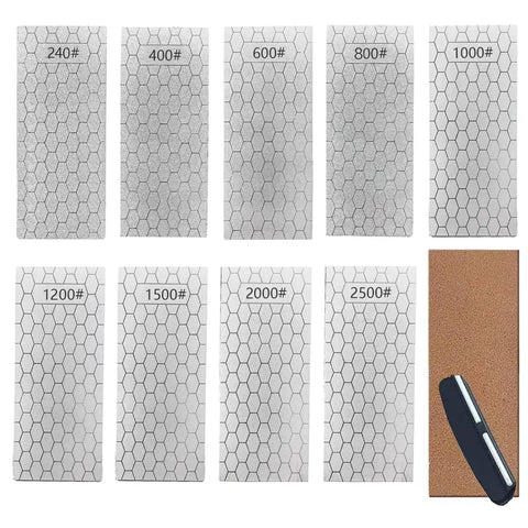 All In One Diamond Sharpening Kit With Honeycomb Surface And Non Slip Base Pro Grade Nine Grit Range 240 To 3000 With Angle Guide
