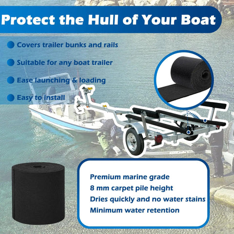 Ultra Thick 25oz Heavy Duty Boat Trailer Bunk Carpet 50 Ft By 12 In Marine Carpet Waterproof For Boats Jet Ski And Watercraft Trailer Bunk Padding Protect Your Hull During Transport shown on trailer