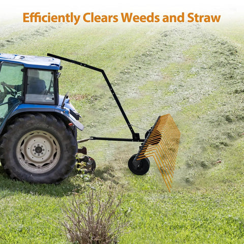 Tractor using 60 Inch Tow Behind Landscape Rake For ATVs And Mowers, Beefy Steel Teeth Dethatcher And Pine Straw Rake