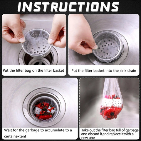 Instructions showing use of 500 Pcs Disposable Mesh Sink Strainer Bags Elastic Kitchen Filter Mesh Trash Bags Anti Clog Fits Most Strainer Sizes 3.9 x 4.3 Inch Keeps Your Sink Fresh