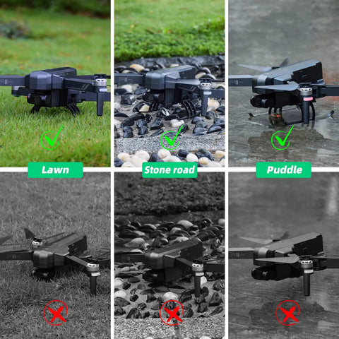 Height Extender Landing Gear Kit With Quick Release For Ruko F11 Pro shown on lawn, stone road, and puddle for stable flight