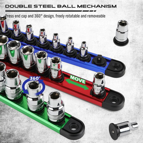 Socket Holder Organizer Set With Magnetic Trays for 1/4, 3/8, 1/2 Inch Sockets, 9-piece detachable trays on aluminum tracks