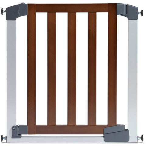 Auto Close Modern Pressure Mounted Baby Gate For Stairs, Hallways And Doors, Walk Through With Door, 29 Inch Tall, Dark Wood and Silver Metal
