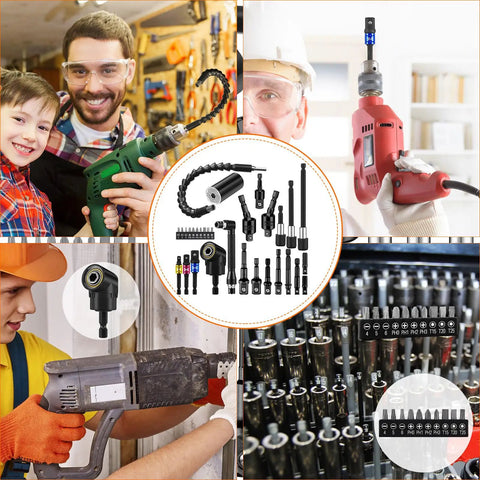 Flexible Drill Bit Extension Kit With Bendable Magnetic Extender And 1/4 3/8 1/2 Inch Hex Socket Adapters shown with drills