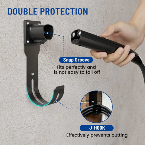 Tesla EV Charger Holder Wall Mount Cable Organizer with J Hook and Nozzle Holster on wall, fits Model X Y 3 S, hand holding cable