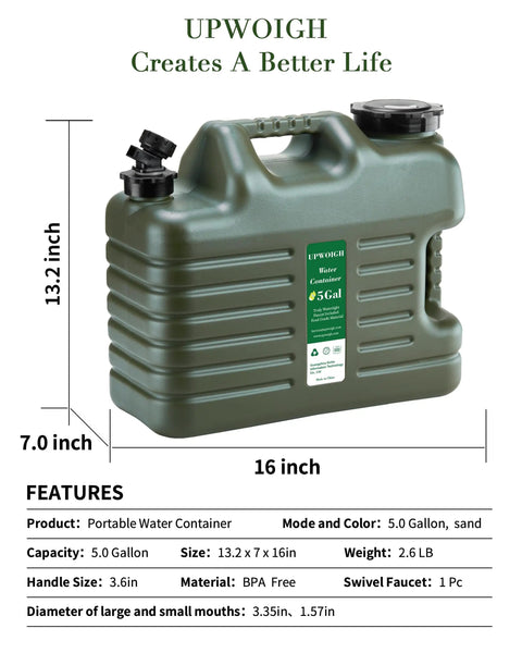 5 Gallon Water Jug For Camping And Overlanding, Leak-Proof Water Storage With Spigot, BPA Free Military Green Tank