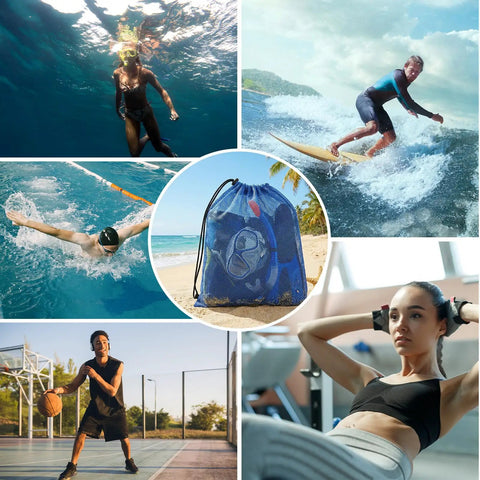 Collage showing Four Pack Large Mesh Gear Bags For Snorkel Gear And Wetsuits 19 By 27 Inch Drawstring Swim Bags by the beach and sports scenes.