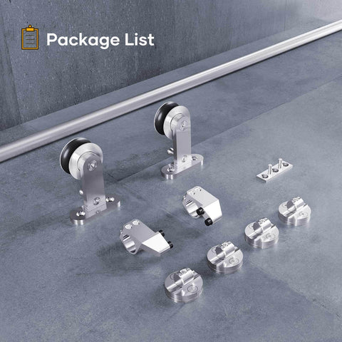 6.6 Foot Top Mount Stainless Steel Sliding Barn Door Hardware Track Kit components on concrete floor