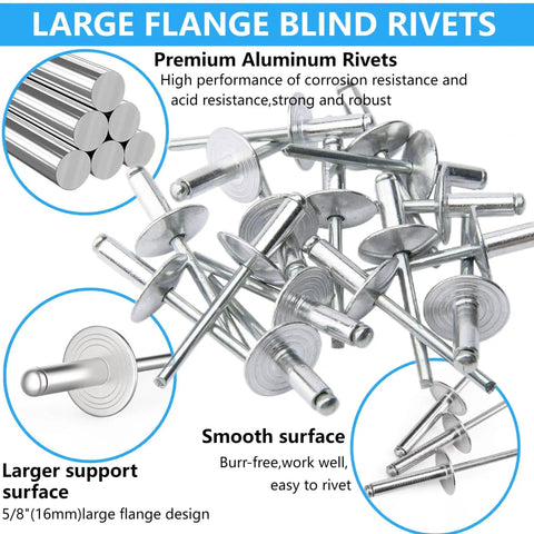 215 Piece Large Flange Aluminum Blind Rivets Assortment Kit With Case One Eighth Five Thirty Seconds And Three Sixteenths Inch Sizes Silver Heavy Duty Rivets For Fast Strong Holds On Metal Wood Plastic