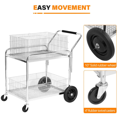 Heavy Duty Steel Office Mail Cart With Smooth As Butter Gliding Dual Casters, featuring 10" wheels for easy movement.