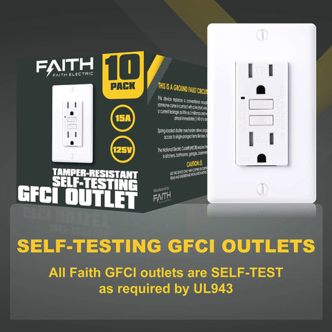 10 Pack GFCI Outlet 15 Amp Tamper Resistant With Self Test ETL Listed Ground Fault Circuit Interrupter White Wall Plate Included Kid Safe Easy Home Renovation Receptacle Replacement