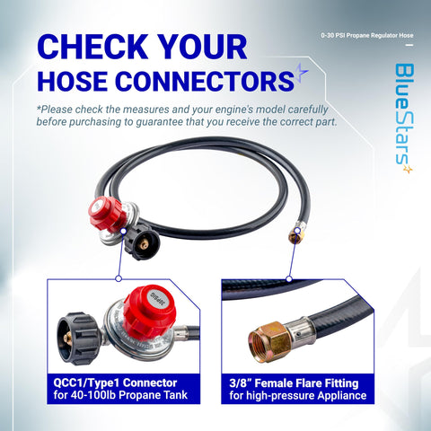 Four Foot 0 To 30 Psi Adjustable Propane Regulator With QCC1 Type1 And Three Eighths Inch Flare Hose shown with connectors