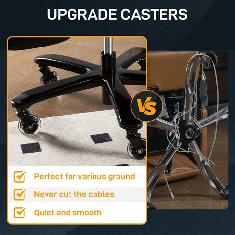 Comparison of upgraded chair casters highlighting smooth movement for Heavy Duty 500 Lb Capacity Big and Tall Office Chair With Foot Rest Ergonomic High Back Recline, Extra Wide Seat, Suitable for Heavy People, Executive Style for Home Office, Large Desk Chair, Black.