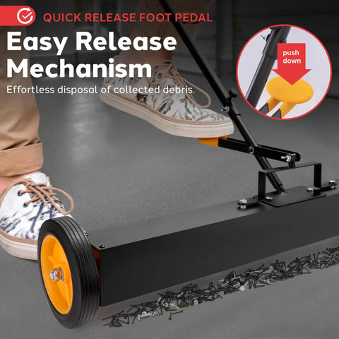 Heavy Duty Rolling Magnetic Sweeper Workhorse With Adjustable Handle Mega Pull, foot pedal for easy debris disposal.