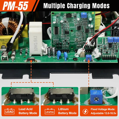 Dang Tough 55 Amp Rv Power Converter With Built In Four Stage Smart Battery Charger 110V Ac To 12V Dc circuit board with charging modes