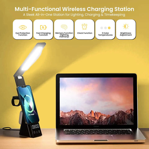 7 In 1 Desk Lamp With 10W Wireless Charging Pad And Clock Dimmable LED Light With USB Charging Alarm next to laptop on desk