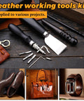 4 Pcs Leather Knife Set With 7 In 1 Groover Tool And Leather Cutting Knife, Includes Ebony Wood Edge Burnishers And Slicker For Diy Leathercraft Cutting Grooving Polishing displayed on wooden table.