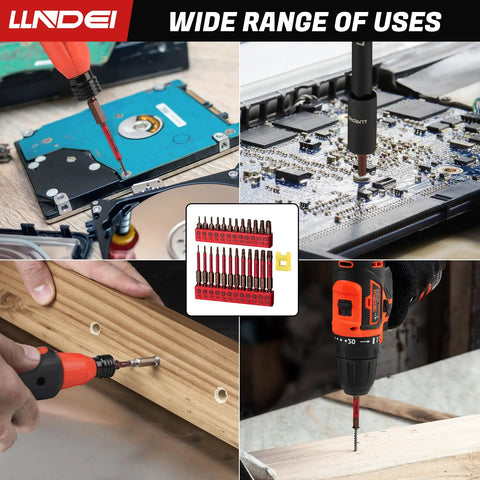 Torx Bit Set 25 PC With Security Tamper Resistant Star Bits T5 To T40 1 Inch And 2 Inch Magnetic Bits in use on electronics and wood