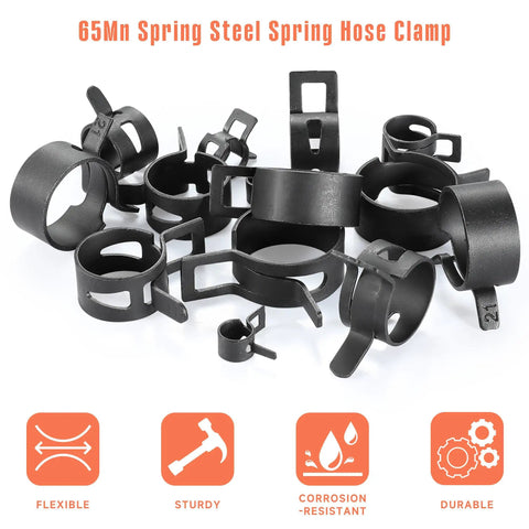 12 Pack 1.14 Inch Spring Band Hose Clamps With Constant Tension For Auto Fuel Line Silicone Vacuum Hose Steel Clamp Low Pressure Air Clip Durable High Sealing Performance, showing multiple 65Mn steel clamps with icons indicating flexibility, sturdiness, corrosion-resistance, and durability.