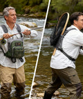 Fly Fishing Chest Pack With Workstation And Quick Release Lightweight Tackle Bag in use by fishermen in river