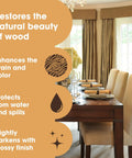 Top Shelf Boiled Linseed Oil For Wood Stone And Metal Rich Natural Finish on a wooden dining table enhancing grain and color.