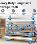 Heavy Duty 2000 Lbs Horizontal Storage Rack With 7 Tier Floor Standing Adjustable Lumber And Pipe Organizer For Garage Workshop Shed Basement Blue For Home And Shop, shown with various materials stored on it in a workshop.