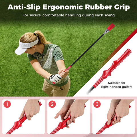 Woman using Click Stick Golf Swing Trainer With Audible Feedback, Weighted Training Aid For Tempo And Speed, Ergonomic Right Hand Grip.