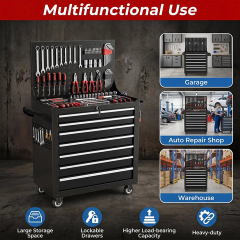 Rolling Tool Chest With Wheels For Garage Or Workshop, 7 Drawers Metal Tool Box With Pegboard in a workspace setting