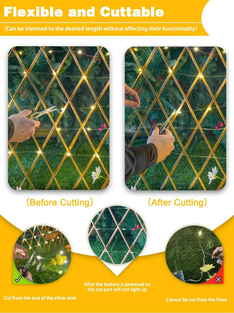Cutting demonstration of 4 Pack 60 LED Battery Operated Fairy Lights With Timer, 20 Ft Waterproof Indoor Outdoor String Lights Cuttable.