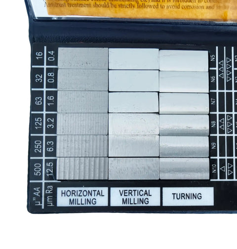 30 Piece Surface Roughness Standards Set With Ra 0.05 To 12.5um Comparators For Quick No Fuss Roughness Testing And Gauge Calibration In Manufacturing open case showing Ra comparators