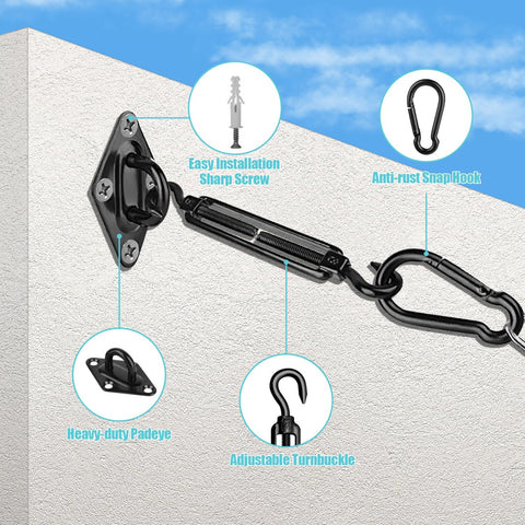 Heavy Duty Stainless Steel Awning Attachment Set For Sun Shade Sail Outdoor Patio Garden Hardware Kit For Triangle Square And Rectangle Sails Rust Resistant Easy Install Black showing adjustable turnbuckle and padeye.