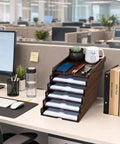 Six Tier Solid Wood Desktop File Organizer With Sliding Pull Out Trays for A4 Documents on office desk setup