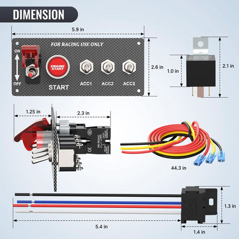5 In 1 Ignition Switch Panel With Red LED Toggle For Boats And Cars DC 12V 30A Racing Switch Panel dimensions and components