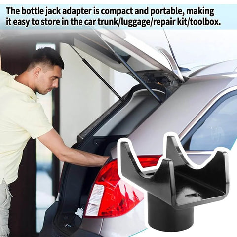 Beefy Heavy Duty Bottle Jack Axle Adapter Lifting Saddle Cradle next to open car trunk, compact size for easy storage