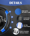 Close-up of sporty steering wheel cover in blue and black with Air Mesh Leather Car Seat Cover Full Set With Waterproof Floor Mats.