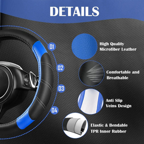 Close-up of sporty steering wheel cover in blue and black with Air Mesh Leather Car Seat Cover Full Set With Waterproof Floor Mats.