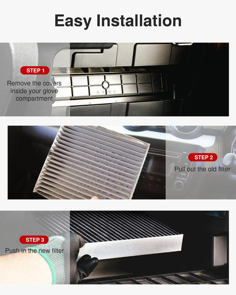 Installation steps of Cabin Air Filter With Activated Carbon For Cars And SUVs Odor Busting And Fresh Breeze in Toyota models.