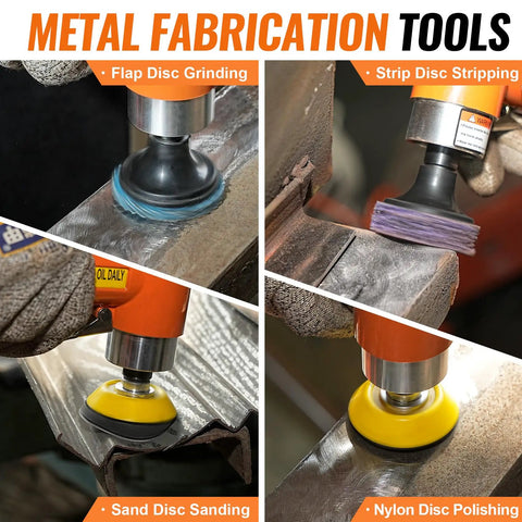 Close-up of 2 Inch Pneumatic Mini Orbital Sander Kit With 2 In 1 Air Right Angle Grinder in metal fabrication processes.