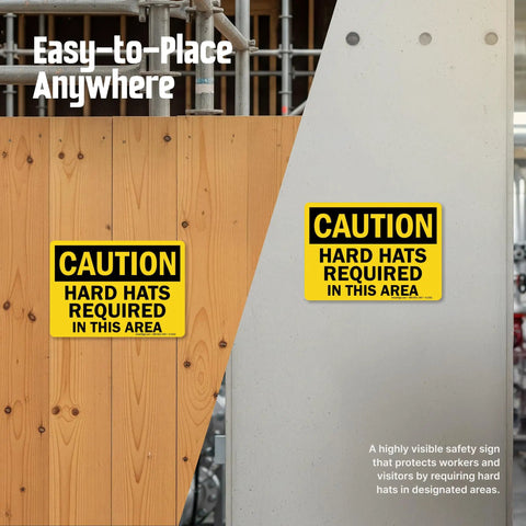 Caution Hard Hats Required In This Area Sign 10 By 14 Inch Aluminum Black On Yellow Durable Outdoor Safety Sign With Four Corner Mount Holes
