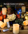 12 Pack Flameless Candles With Real Wax Battery Operated LED Pillar Candles Unscented Ivory Color Including Remote Control And 24 Hour Timer Diameter 3 Inches Height 4 Inches Perfect For Cozy Home Vibes Parties Weddings And Events surrounded by holiday decor