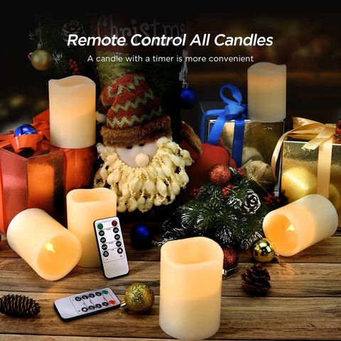 12 Pack Flameless Candles With Real Wax Battery Operated LED Pillar Candles Unscented Ivory Color Including Remote Control And 24 Hour Timer Diameter 3 Inches Height 4 Inches Perfect For Cozy Home Vibes Parties Weddings And Events surrounded by holiday decor