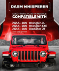 DASM Whisperer for Jeep Wrangler JL 2025 2026 plug-in module with compatibility details on a dramatic red backdrop.